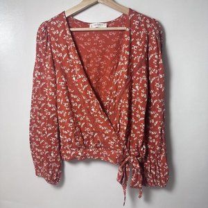 Lucky Brand Top Womens Small Floral Cottagecore Peasant Faux Wrap Tie Waist Crop
